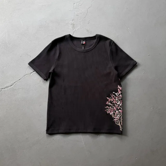 Sacai Ribbed Tee Cherry Blossom Embroidery