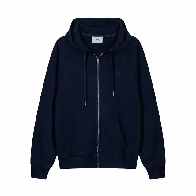 AMI Paris Zip-Up Hoodie Solid Navy