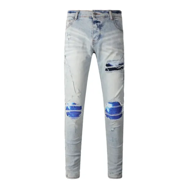 Distressed Slim Fit Jeans Light Wash with Blue Patch Detail
