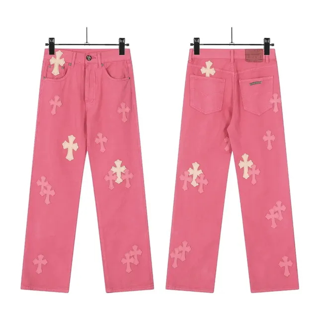 Chrome Hearts Cross Patch Jeans Pink with Cream Crosses