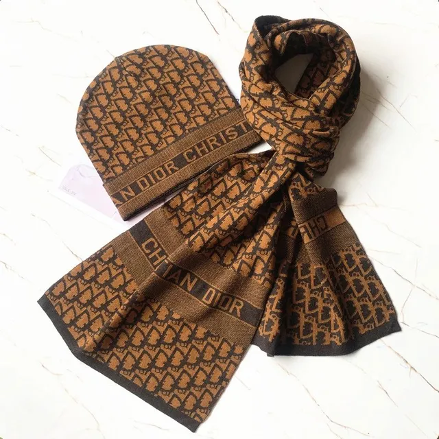 Dior Oblique Scarf and Beanie Set Brown Oblique Logo