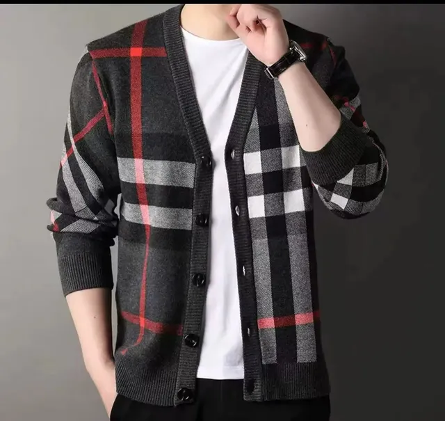 Knit Cardigan Plaid Pattern