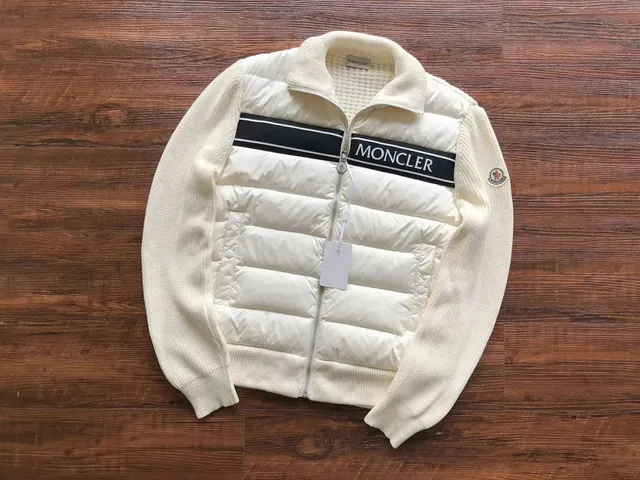 Moncler Knit-Panel Puffer Jacket White with Black Logo Band