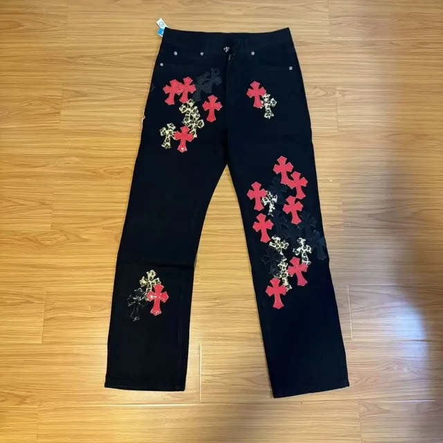 Chrome Hearts Cross-Embroidered Jeans Red and Leopard Cross Appliqué