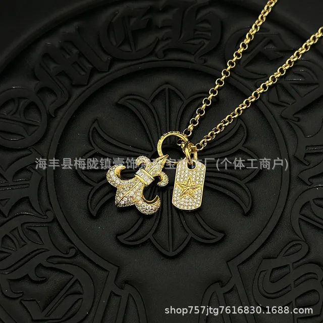Chrome Hearts Fleur-de-Lis Dog Tag Necklace Pave Crystal