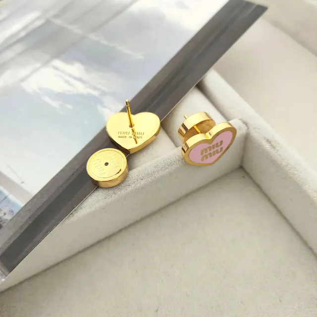 Miu Miu Heart Stud Earrings Pink Enamel Logo