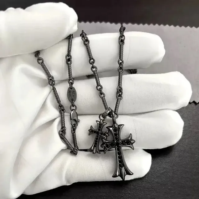 Chrome Hearts Cross Pendant Necklace Black IP with Pave Stones