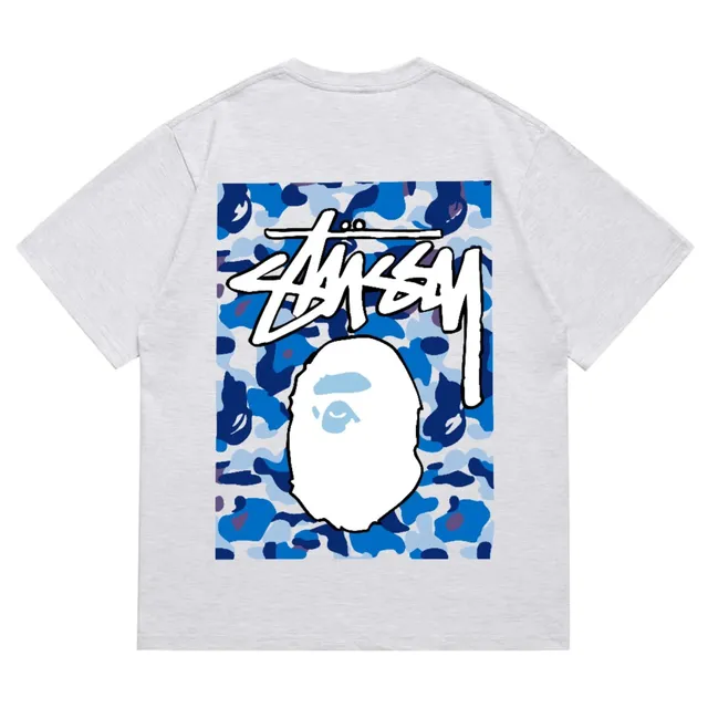 Stüssy × BAPE Graphic Tee Blue Camo Ape Head