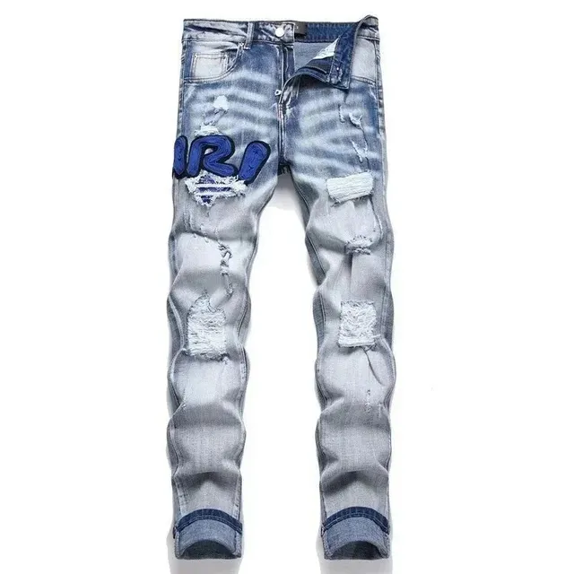 Distressed Denim Jeans Patchwork Logo Embroidery