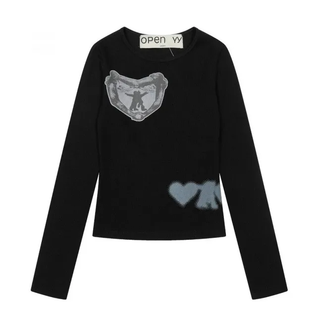 Long-Sleeve Knit Top Heart Shield Graphic