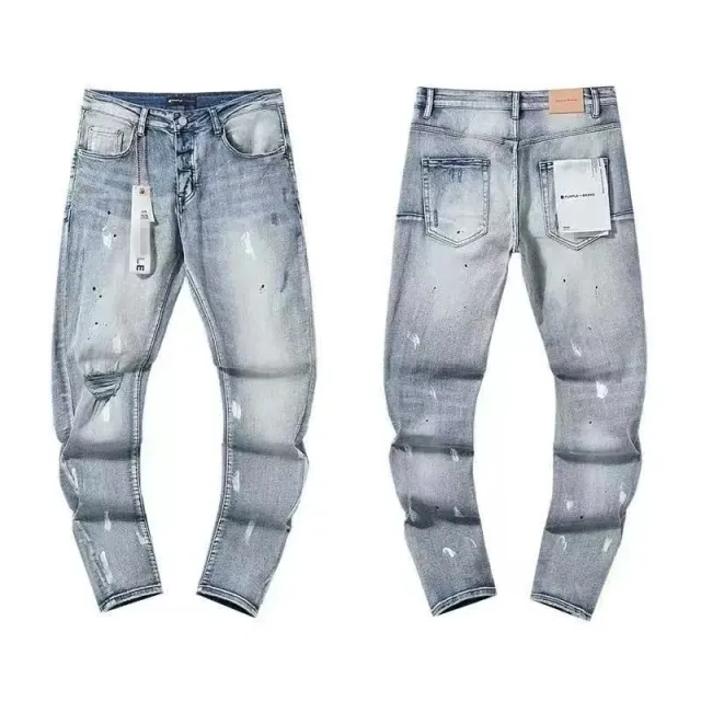 Distressed Slim Fit Jeans Washed Grey with Paint Splatter