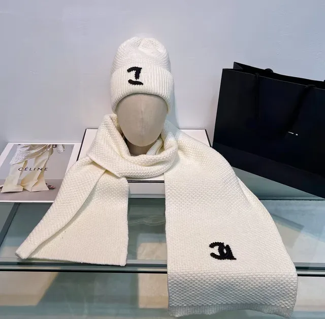 Chanel Knit Scarf and Beanie Set CC Logo