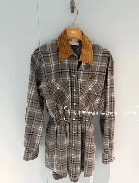 Miu Miu Plaid Shirt Dress Corduroy Collar