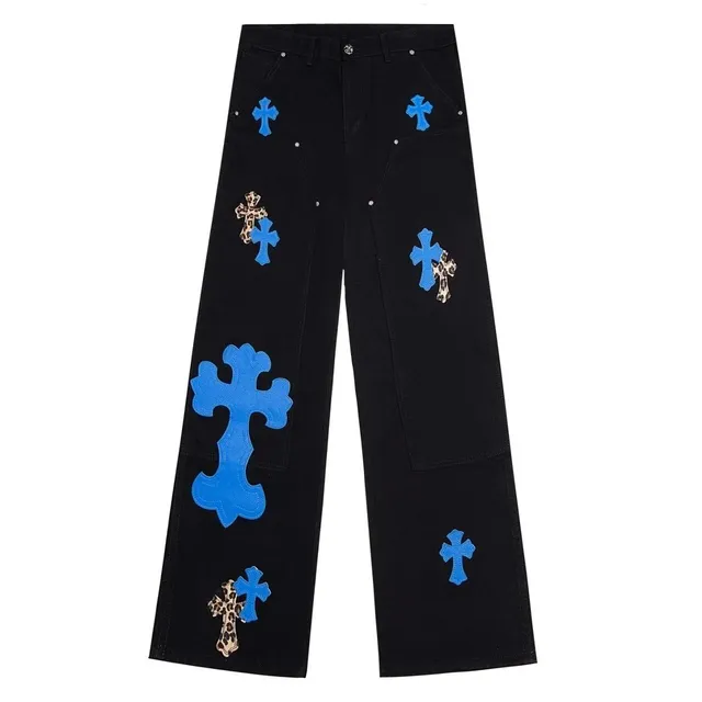 Chrome Hearts Cross Patch Jeans Blue Cross Embroidery