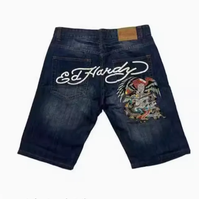 Ed Hardy Embroidered Denim Shorts Eagle & Skull Patch