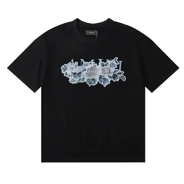 Floral Logo Tee Black with Embroidered Floral AMIRI