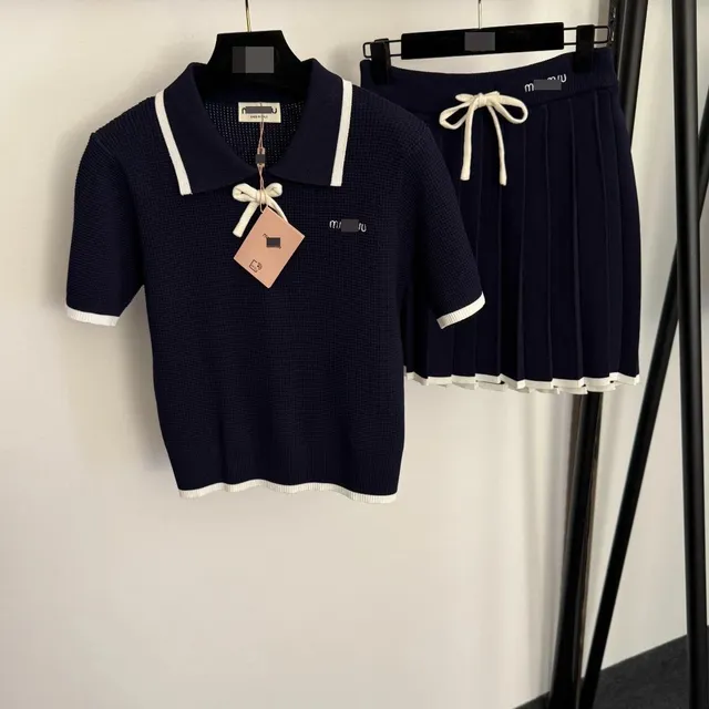 Miu Miu Knit Polo and Pleated Skirt Set Navy with White Trim