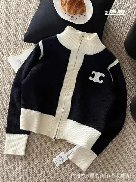Celine Zip-Up Knit Jacket Contrast Trim with CC Logo