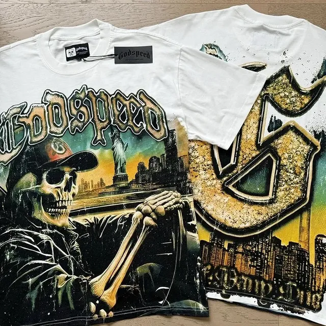 Godspeed Graphic Tee Skull Cityscape Print