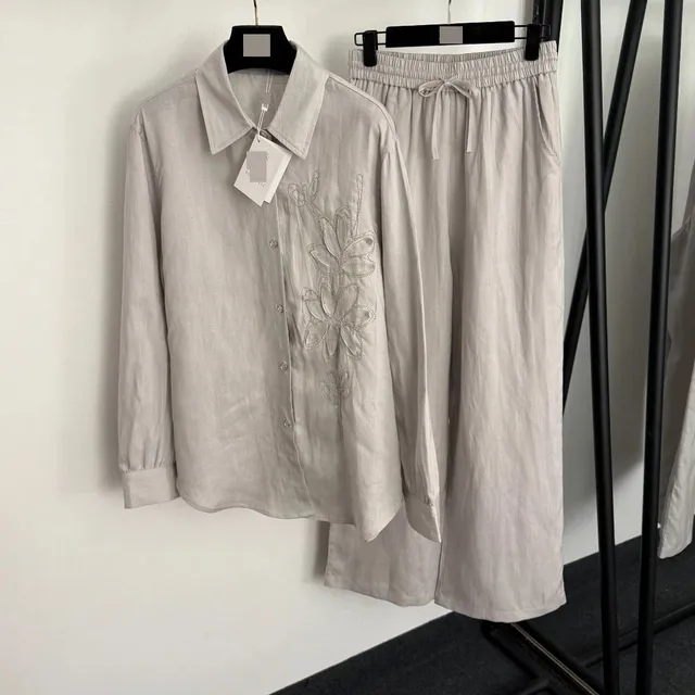 Linen Shirt and Pants Set Floral Embroidered