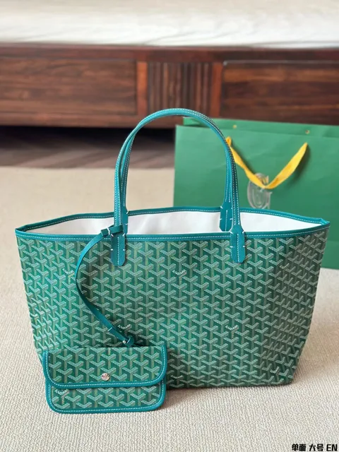 Goyard Saint Louis Tote Green Goyardine with Teal Leather Trim