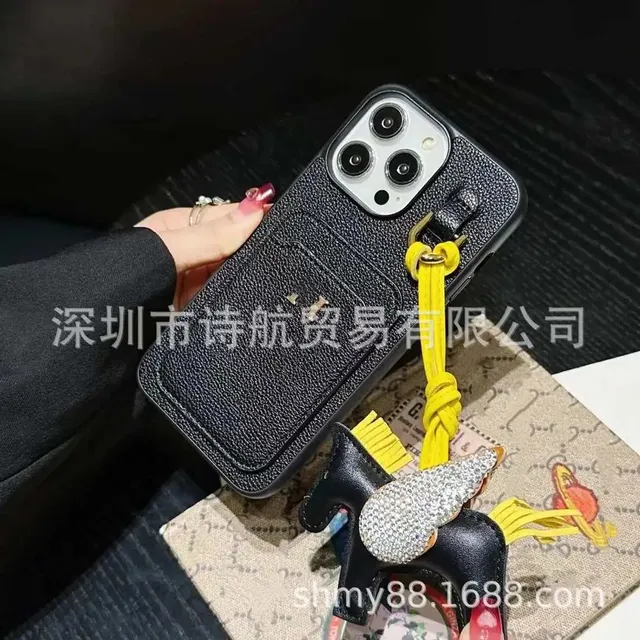 Hermès Phone Case with Cardholder and Charm Textured Leather with Crystal Wing Charm