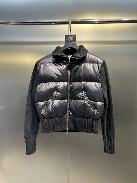 Moncler Knit-Sleeve Puffer Jacket Glossy Nylon with Ribbed Knit