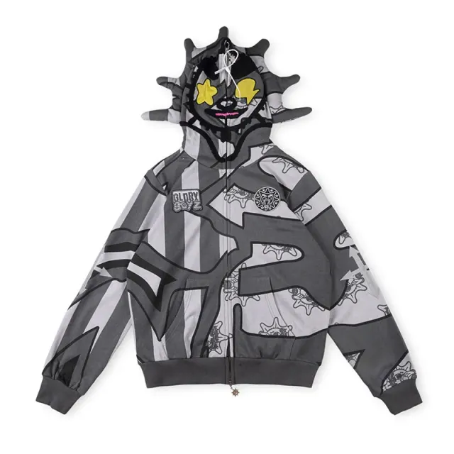 Glo Gang Zip-Up Hoodie Graphic Print with Spiky Hood
