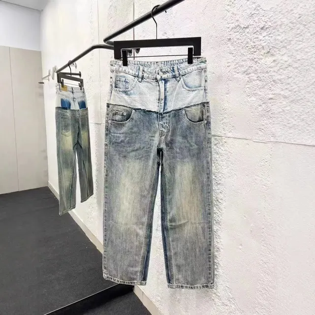 Distressed Denim Trousers Patchwork Acid Wash