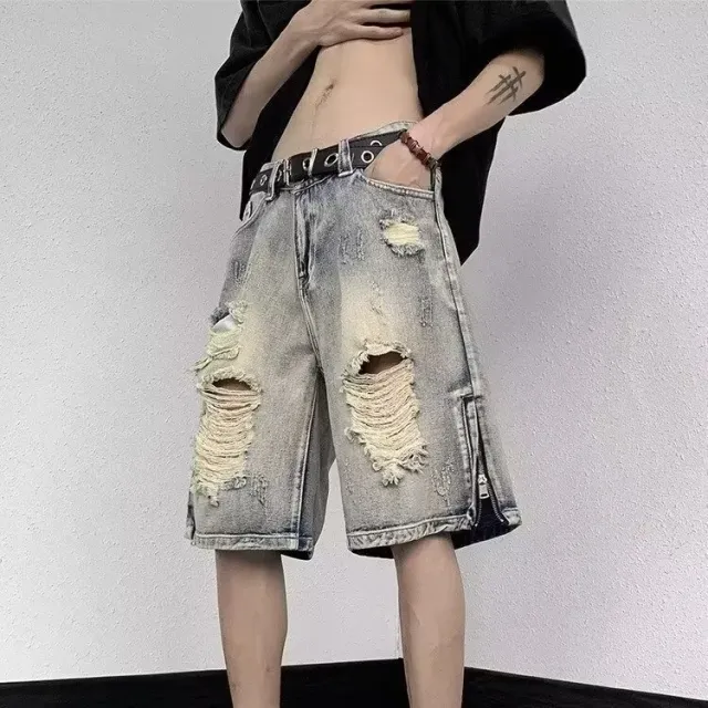 Distressed Denim Shorts Ripped Wide-Leg