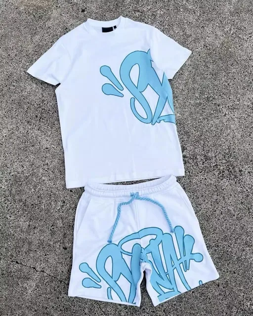 Off-White Graphic Tee and Shorts Set Ice Blue Graffiti Print