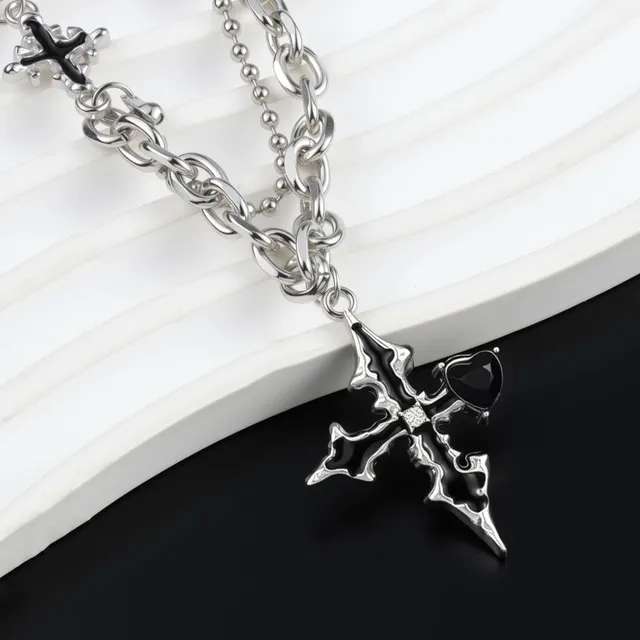 Chrome Hearts Cross Pendant Necklace Black Enamel Heart Cross