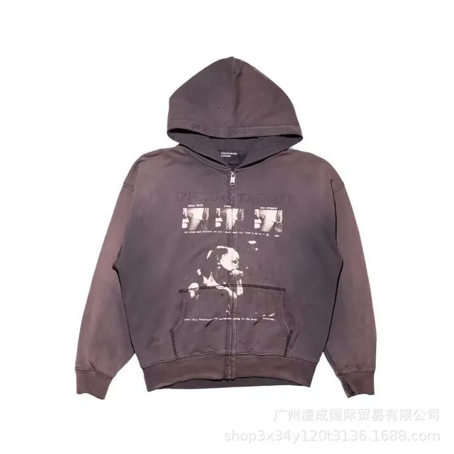 Gallery Dept. Zip-Up Hoodie Washed Grey Graphic Print