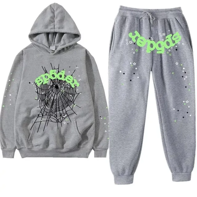Sp5der Spider Web Hoodie and Joggers Set Neon Green Spider Logo