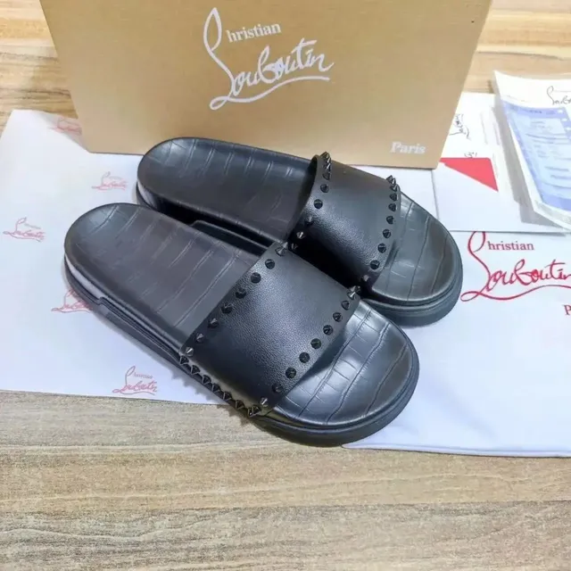 Christian Louboutin Louis Junior Slide Studded Croc-Embossed