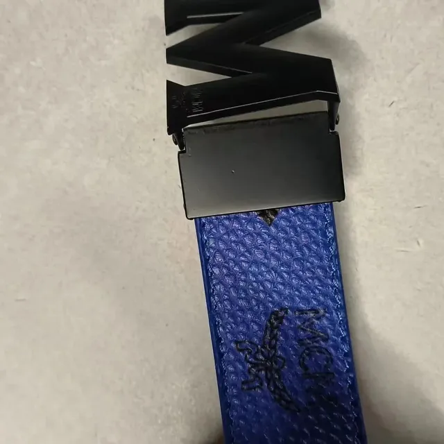 MCM Logo Belt Blue Textured Leather