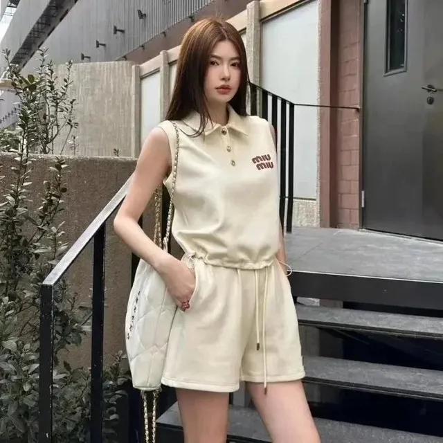 Miu Miu Polo Top and Shorts Set Cream Logo