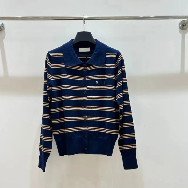 Miu Miu Striped Knit Cardigan Navy and Beige Stripe