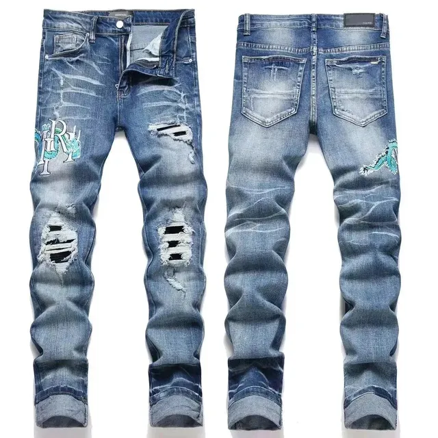 Amiri Distressed Slim Fit Jeans Embroidered Dragon