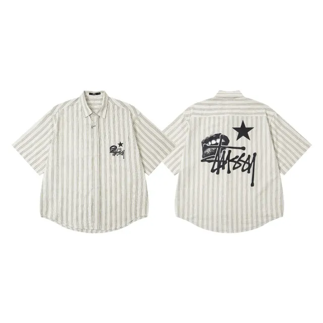 Stüssy Short-Sleeve Button-Up Shirt Striped with Graphic Print