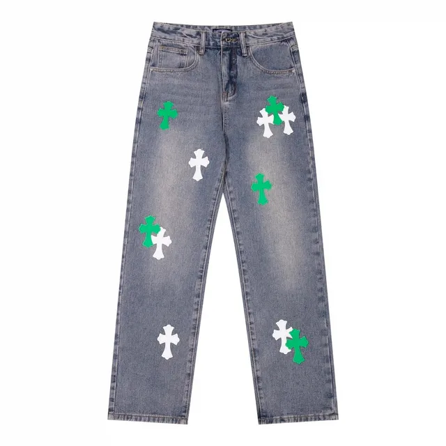 Chrome Hearts Cross-Embroidered Jeans Green and White Cross Appliqué