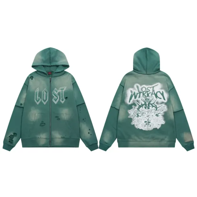 Lost Intricacy Zip-Up Hoodie Distressed Graphic