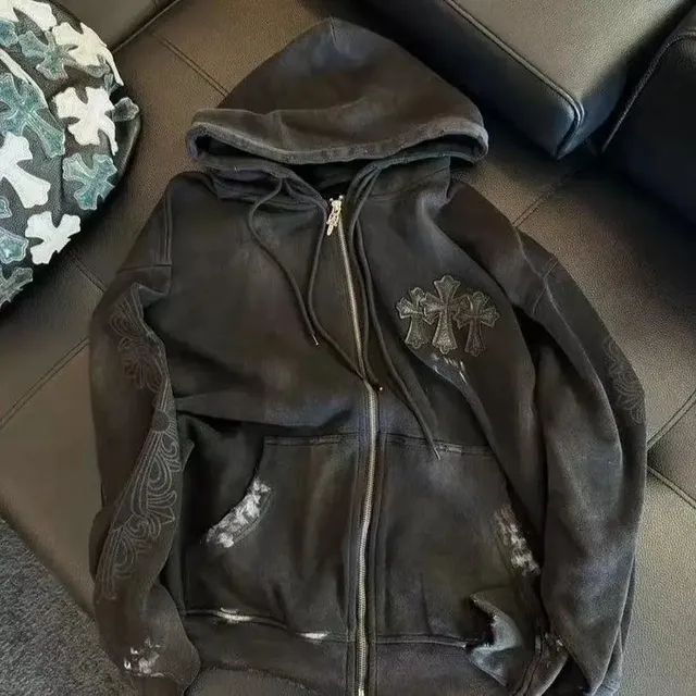 Chrome Hearts Zip-Up Hoodie Distressed Cross Embroidery