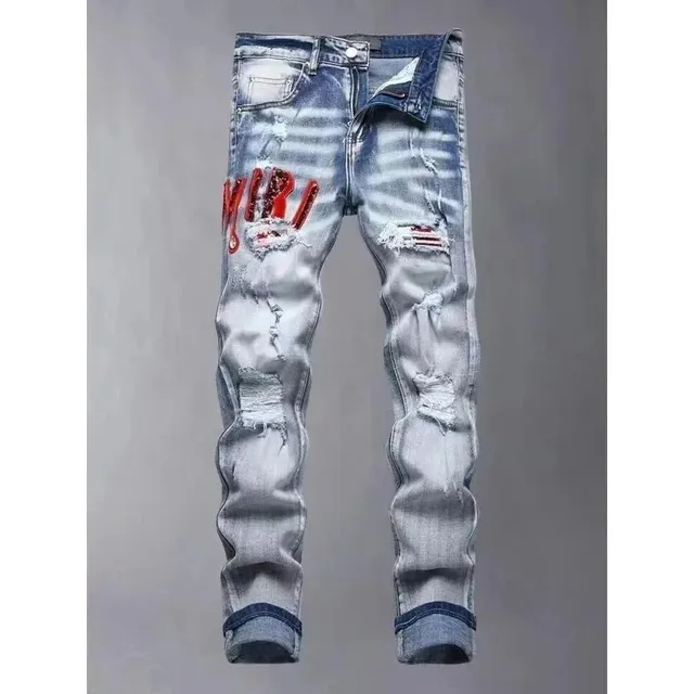 Amiri Distressed Jeans Red Logo Embroidery