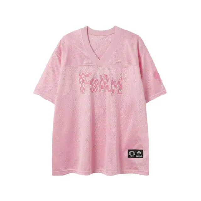 Chrome Hearts mesh jersey pink mesh with sequined 'FoRM' graphic and branded