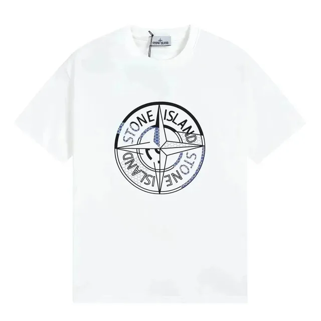 Stone Island Compass Logo T-Shirt White with Blue Hexagon Print