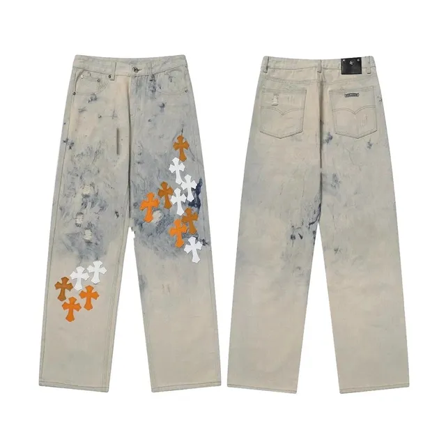 Chrome Hearts Cross Patch Jeans Acid Wash with Embroidered Crosses