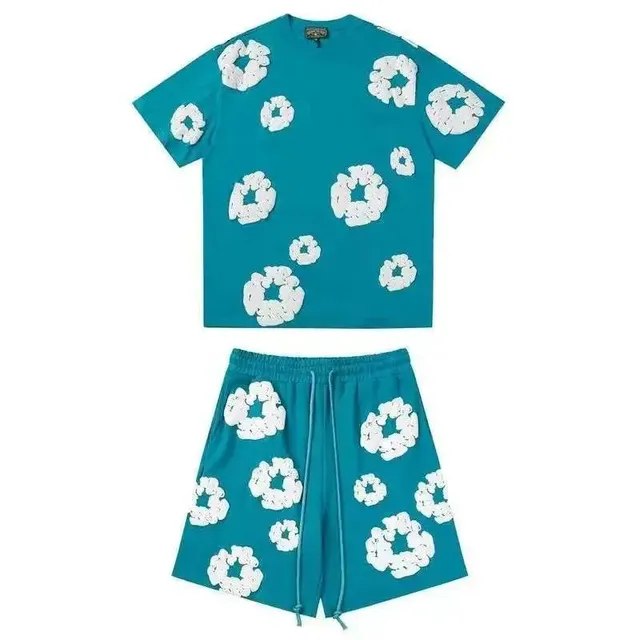 Balenciaga Floral-Embroidered Set Teal with White Floral Appliqué