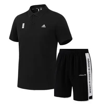 Adidas Polo and Shorts Set Black with White Stripe