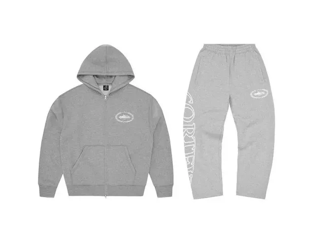 Corteiz Zip Hoodie and Joggers Set Heather Grey with White Logo